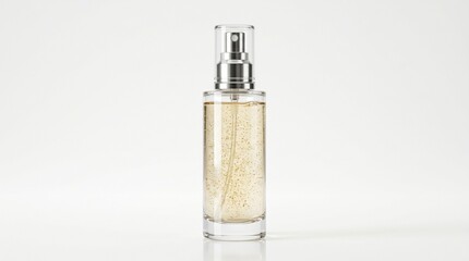Naklejka premium Clear glass spray bottle with golden cosmetic serum mockup