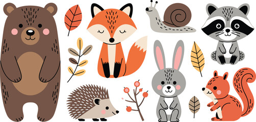 Cute Woodland Animals Vector Set Featuring Cartoon Bear Fox Snail Raccoon Hedgehog Rabbit and Squirrel Characters with Autumn Leaves and Berries for Kids Design © Ismail