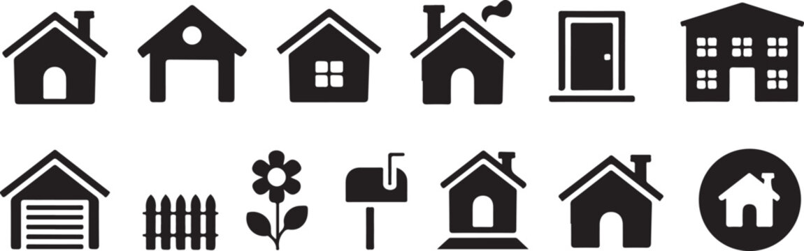 House and home icons single family house garage detached garage window house chimney house door house building mailbox flower fence house icon.
