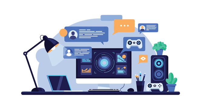 Modern gamer workspace illustration featuring a desktop computer, game controllers, speakers, and social chat bubbles.