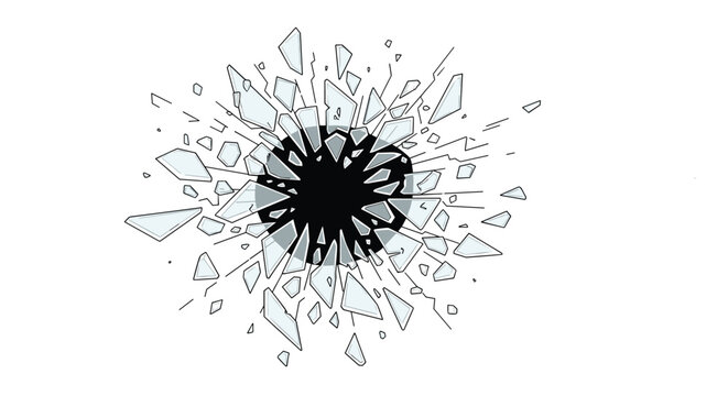 Dynamic illustration of glass shards exploding outwards from a central black hole on a plain white background for impact.