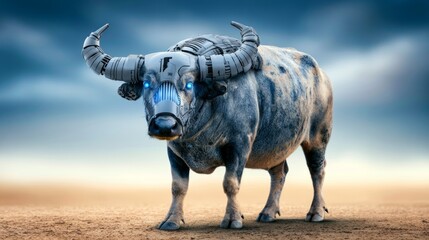 Fototapeta premium Futuristic Biomechanical Buffalo with Glowing Circuitry in a Surreal Desert Landscape