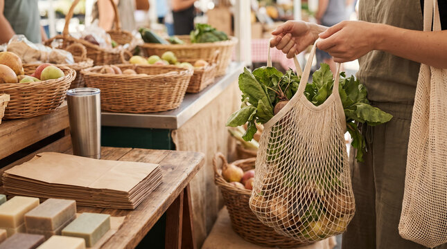 Person holding reusable mesh bag with fresh vegetables at farmers market. Sustainable zero waste shopping for local organic produce. Eco friendly lifestyle concept