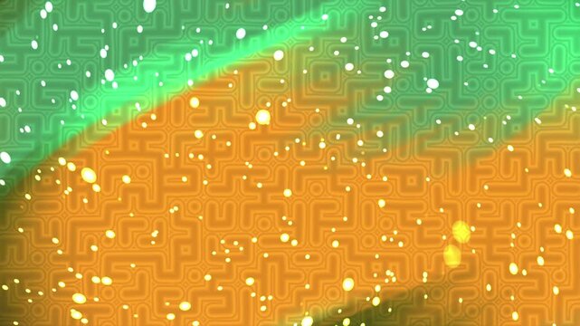 Abstract digital background featuring a maze pattern with glowing particles and vibrant green and orange gradients.