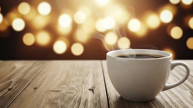A steaming cup of hot coffee sits on a rustic wooden table at night