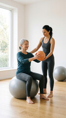 Obraz premium Senior woman and personal trainer exercising with fitness balls in a bright indoor studio, minimalist style, barefoot training