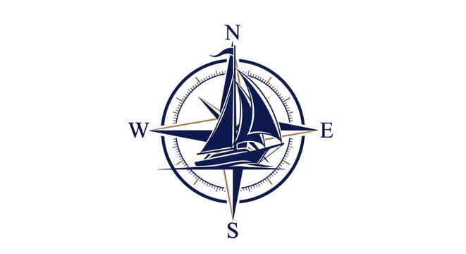 Nautical Compass Rose with Sailboat Illustration, Marine Navigation Symbol