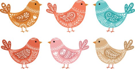 Folk art bird vector set with colorful Scandinavian style bird characters featuring ornate white floral patterns swirls and traditional Nordic decorative elements © MdSaddam