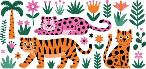 Cute Cartoon Wild Cats Vector Illustration Set Featuring Tiger Pink Leopard and Cheetah Characters with Tropical Palm Trees and Colorful Flowers for Kids Graphic Designs © Ismail