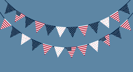 Fototapeta premium Patriotic bunting decoration featuring different patterns of the United States flag with stars and stripes on a blue base.