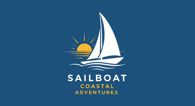 Sailing boat at sunset on the sea, coastal adventures logo