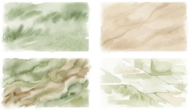 A collection of four watercolor textures, featuring abstract representations of natural elements like grass, sand, and stone.