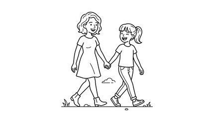 Obraz premium Happy Mother and Daughter Walking Together Holding Hands, Line Art Illustration