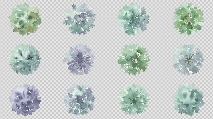 Set of watercolor trees top view for landscape design, architectural plan, and site plan elements, handdrawn illustration of various tree species © Hand Made Assets