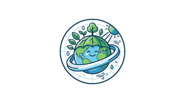 Happy Earth Illustration: Green Planet, Sunshine, Wind, Rain, Trees