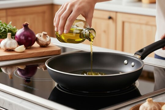 Woman pours olive oil into frying pan on modern induction stove. Ingredients like mushrooms onions garlic and greens are ready for cooking delicious meal.