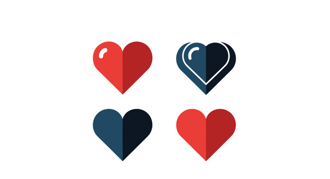 Set of four stylized heart icons in red and dark blue colors featuring different graphical treatments including flat and shadowed designs.