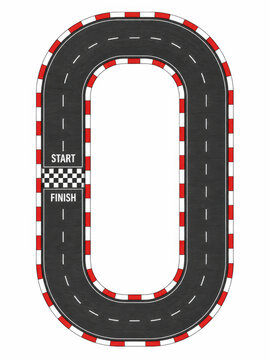 Top view of an oval race track with a finish line and red and white curbs for fast car racing competition events