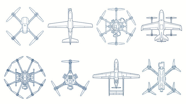 Modern drone line art skematic collection. Vector outline illustration of various UAV types, military fixed-wing drones, quadcopters, hexacopters, and blueprints of multirotors top view isolated on wh