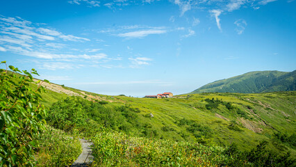 Fototapeta premium Wooden boardwalk through alpine shrubs toward a mountain hut Japan.