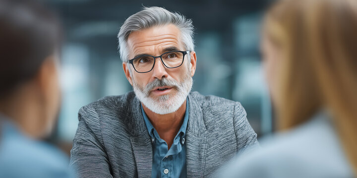Business owner interviewing applicants with serious attention and thoughtful posture in a modern corporate office
