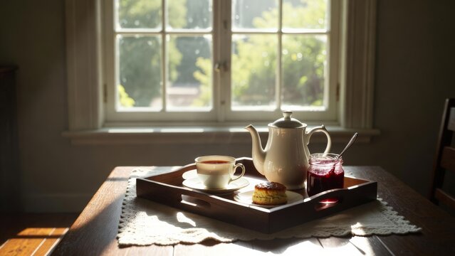 Traditional English cream tea setup on a wooden table by window.