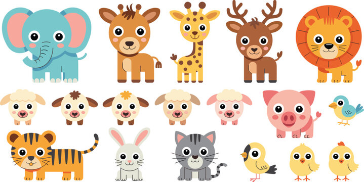 Cute Cartoon Baby Animal Characters Vector Set Featuring Elephant Giraffe Lion Deer Tiger Cat Pig Sheep and Little Birds for Kids Nursery Graphic Designs