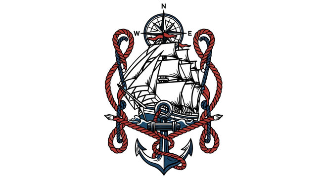 Nautical Emblem: Sailboat, Anchor, Compass Rose, and Rope Border