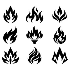 Naklejka premium Minimalist Black Fire Flame Icon Collection and Torch Silhouettes