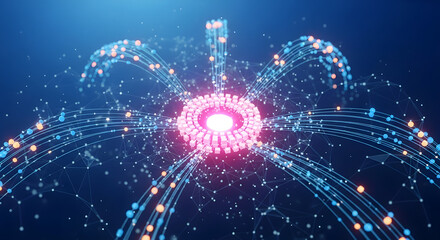 Obraz premium Glowing pink circle emits light, surrounded by blue lines and dots in space.