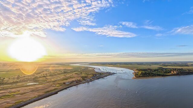 Aerial View of River Deben Estuary and Felixstowe Ferry at Sunset, Suffolk