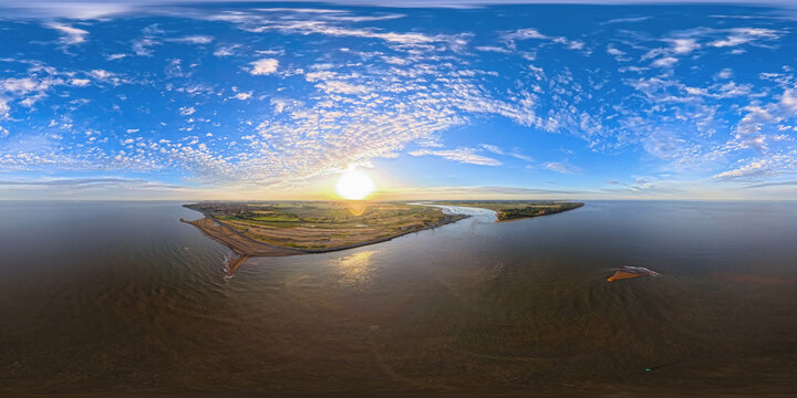 360 VR Aerial Panorama: River Deben Estuary and Felixstowe Ferry at Sunset, Suffolk