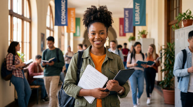 Student, university and college portrait in corridor for education, learning and academic success. Happy woman, books and campus life with diversity, scholarship and future career in school hall