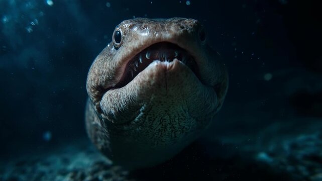 Intimidating Moray Eel Opening Mouth Underwater, Close-up Dynamic Shot of Sharp Teeth and Gaping Maw in Deep Blue Ocean Environment