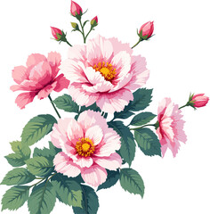 Obraz premium Blooming Pink Wild Rose Bouquet Watercolor Botanical Floral Illustration