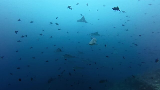 Grey Reef Sharks and Ocellated Eagle Rays Swimming Together