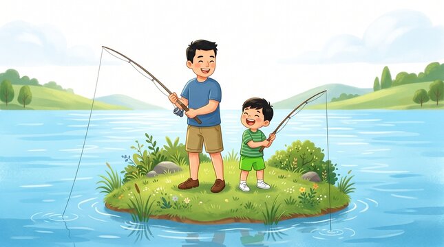 A happy father and young son enjoying a sunny day fishing together on a small green island surrounded by calm blue lake water in a vibrant cartoon illustration
