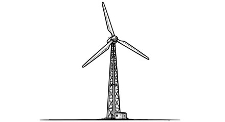 A large wind turbine stands alone in a field with blades spinning © Pata