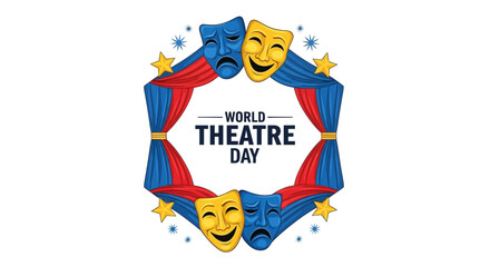 Fototapeta premium World Theatre Day illustration features colorful comedy tragedy masks and curtains