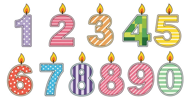 Colorful birthday candles with numbers and flames on top burning brightly