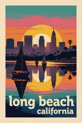 Obraz premium Vintage poster shows Long Beach California skyline at sunset. Sailboats float on calm water reflecting city lights and colorful sky. Palm trees frame the coastal city view.