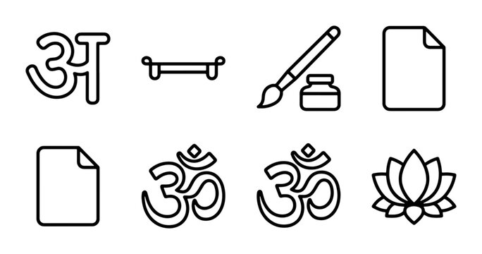 Om Symbol Icons, Lotus Flower, Brush and Ink, Devanagari Alphabet, Paper Document Icons