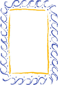 Hand drawn Greek style traditional mediterranean sea wave patter frame. Blue and yellow coastal rectangle border. Summer kid drawing photo frame. Crayon, pastel, pencil sketch ocean boarder