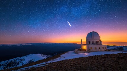 Obraz premium A stunning observatory at dusk, nestled among snowy mountains under a starry sky and vibrant sunset