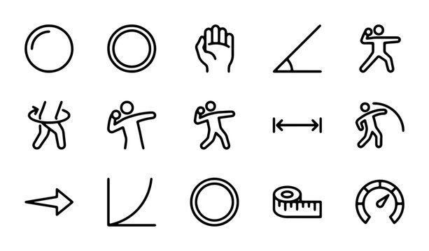 Sports Icons Set: Shot Put, Measuring Tape, Angle, Graph, Speedometer, Arrow, Circles