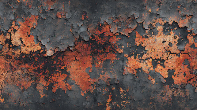 Heavily oxidized iron sheet with flaking rust scale and orange corrosion spreading across a dark charcoal surface