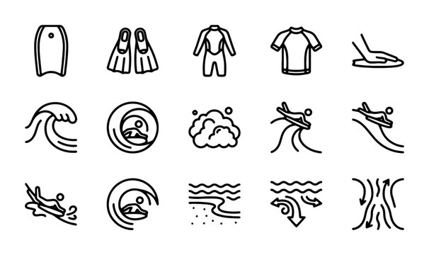 Surfing and Water Sports Icons, Vector Set: Waves, Boards, Gear, and Activities