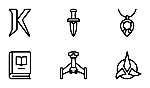Fantasy Sci-Fi Icons: Sword, Spaceship, Necklace, Book, Klingon Letter K, Starfleet Emblem