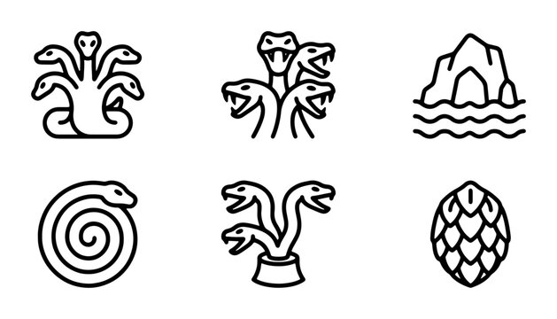 Mythological Hydra Icons, Serpent Symbols, Ancient Greek Legends, Vector Graphics