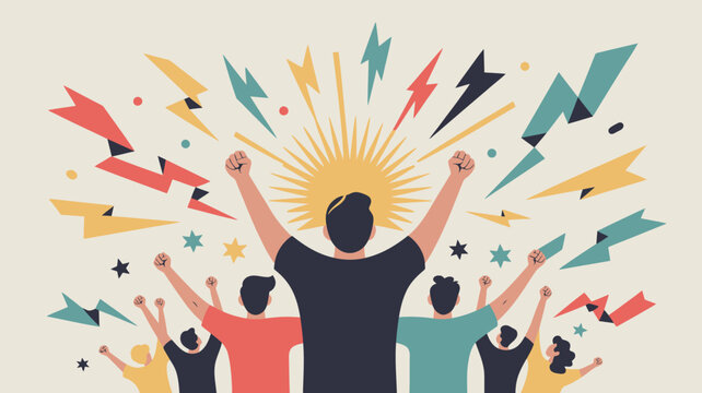 victory celebration vector illustration people fist sunburst lightning colorful group unity achievement success motivation inspiration background white graphic design artwork event